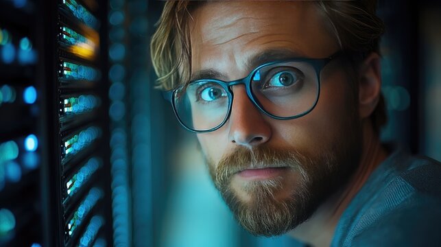 IT professional analyzing data in a server room, embodying focus and expertise in technology management.