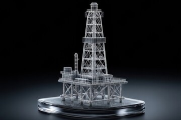 3D Wireframe Model of an Oil Rig Showcasing Intricate Design Against a Black Backdrop