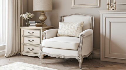 Elegant antique-style armchair in a light beige living room.