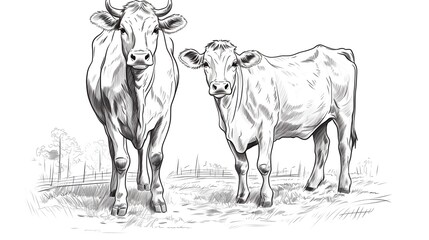 Fototapeta premium Hand-drawn sketch of two cows in doodle style illustration for design projects