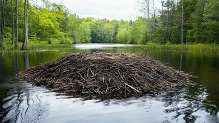 A Beaver Dam in a Tranquil Forest Pond