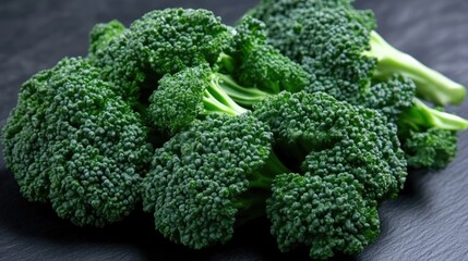 Fresh broccoli florets.  Close-up of vibrant green broccoli heads, tightly clustered on a dark surface.  Healthy vegetable, ready to eat