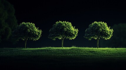 Tranquil Treescape, Three Isolated Trees on a Luminous Green Meadow at Night