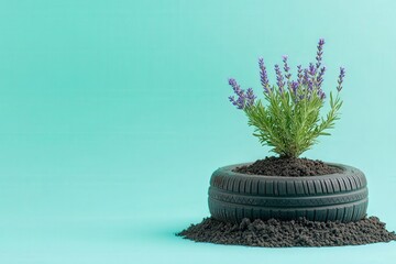Recycled tire repurposed as a planter for a small lavender plant.