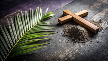 Ash Wednesday Lent Symbols: Cross, Ashes, Palm Branch, Religious Stock Photo