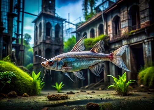 Asian Glass Catfish in Abandoned Urban Aquarium - Eerie Underwater Photography