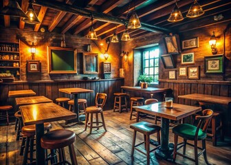 Obraz premium Atmospheric Low Light Irish Pub Interior with Vintage Blackboard