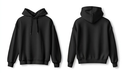 Black hoodie mockup, front and back views, isolated on white.