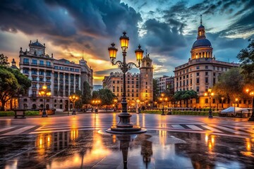 Obraz premium Barcelona Plaza Catalunya Night, Low Light Cityscape, Urban Scene, Spanish Architecture