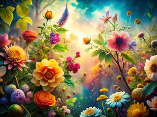 Obraz premium Botanical Double Exposure Wallpaper: Intricate Floral Illustrations & Nature Photography