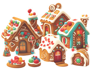 Colorful Gingerbread Houses Illustration With Candy Decorations and Transparent Background