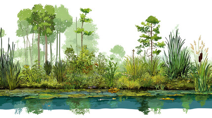 Illustration of a lush wetland ecosystem with trees, plants, and water reflections for nature lovers