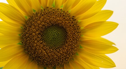 A close up of a bright yellow sunflower with a dark center against a light background in full bloom