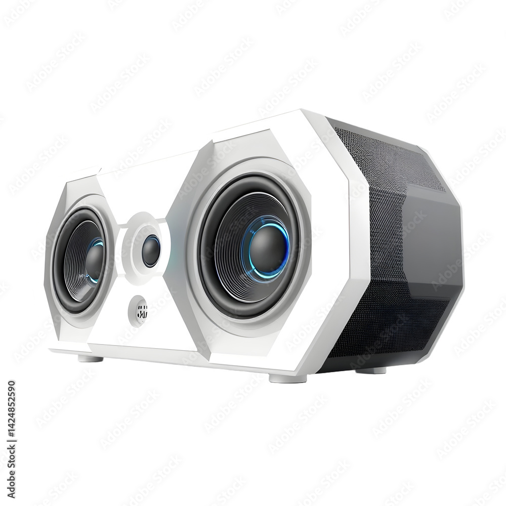 Aufkleber Futuristic Speaker Design, Modern Audio Technology, A 3d Rendering On A Clean White Background. Stylish Sound System With Sharp Geometric Edges. Contemporary Media Device For Listening Enjoyment.