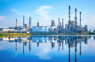 Obraz premium Industrial refinery reflected in calm water.