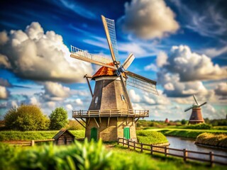 Naklejka premium Charming Rustic Windmill, Dutch Countryside, Blue Sky, Clouds, Tilt-Shift Photography
