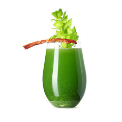 Glass of green bloody mary cocktail with bacon and celery on white background