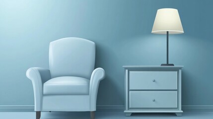 Light blue living room corner with armchair and nightstand.
