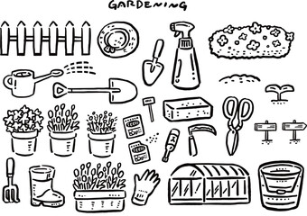 ガーデニングの手描き風シンプル　線画イラストセット