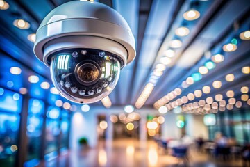 Close-up CCTV Camera on Office Ceiling with Bokeh Background - Security Surveillance Stock Photo