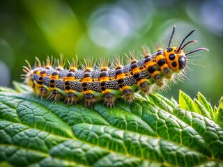 Fototapeta premium Close-up Documentary Photo of a Stinging Nettle Caterpillar on a Leaf