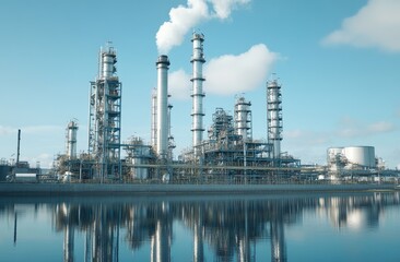 Obraz premium Industrial refinery reflected in calm water under a blue sky.