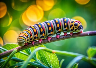 Naklejka premium Close-up Macro Shot of a Striped Hawk Moth Caterpillar with Bokeh Background