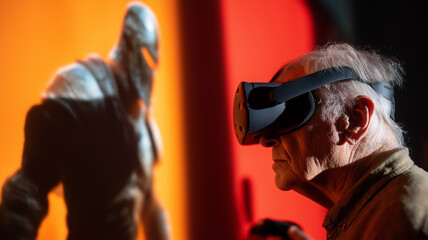 Fototapeta premium Elderly gamer playing VR with massive shadow of game character cast on wall, immersive experience theme, strong contrast lighting