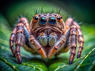 Close-up Portrait of a Neoscona Crucifera Spider, Detailed Texture and Eye Focus