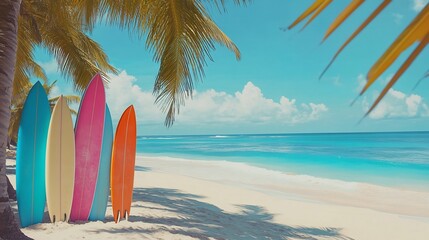 Colorful Surfboards on Tropical Beach Paradise with Palm Trees