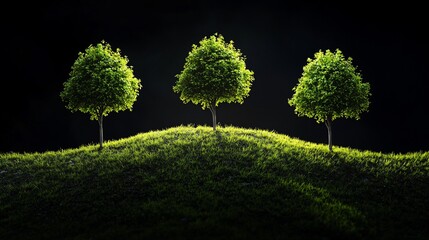 Enchanting trio of trees on a verdant hill, bathed in soft light against a dark backdrop