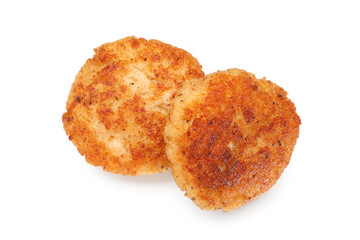 Two delicious roasted patties isolated on white, top view