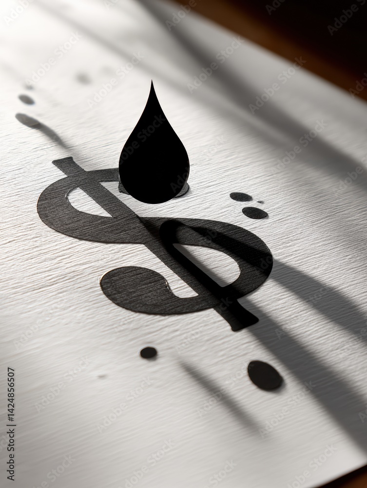 Poster black droplet creates dollar sign shadow on light paper background under soft lighting in a subdued 