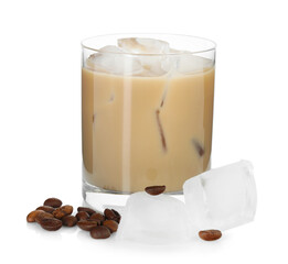 Coffee cream liqueur in glass, ice and beans isolated on white