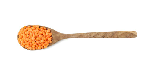 Raw lentils in wooden spoon isolated on white, top view