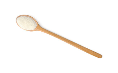 Collagen powder in spoon isolated on white, top view