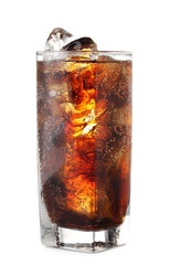 Glass of cola with ice cubes isolated on white