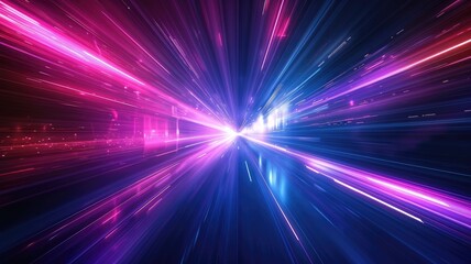 Obraz premium Abstract of neon light glowing with digital technology design. High tech vivid laser illuminated with contemporary concept in cyberspace style perfect for cyber theme background and wallpaper. AIG53.