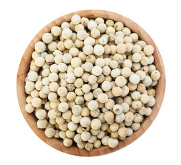 Aromatic pepper in bowl isolated on white, top view