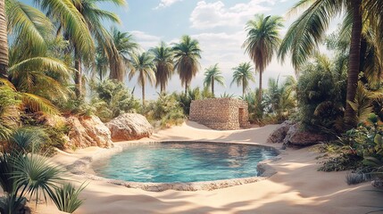 Fototapeta premium Serene Oasis Pool Tropical Paradise Island Palm Trees Stone Hut Summer Vacation Relaxation Blue Water Sandy Beach Exotic Landscape Idyllic Scene Calm 