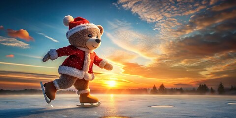 Fototapeta premium Cute Winter Bear Ice Skating Silhouette Christmas Season Greetings Stock Photo