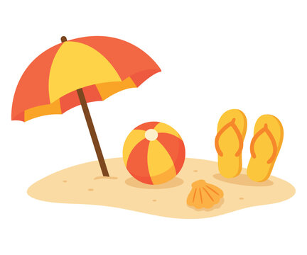 Flat vector illustration of beach accessories on sand – umbrella, flip flops, beach ball and shell – isolated on white background