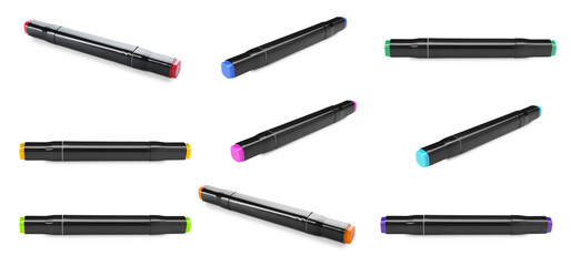 Color double sided markers on white background, collage
