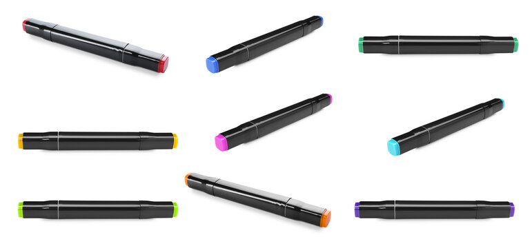 Color double sided markers on white background, collage