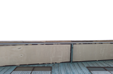 Architectural background, eaves, old and dilapidated house. Top copy space, isolated.