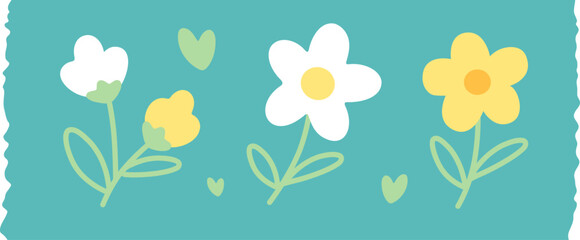 데코 테이프, 플라워와 하트, 초록 배경, 봄 느낌, 감성 일러스트, 다이어리 꾸미기, 플랫 디자인
