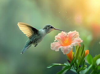Fototapeta premium Hummingbird in Flight, Feeding from a Flower