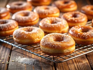 Delicious Sugar Glazed Donuts Cooling on Baking Rack - Stock Photo