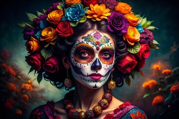 Dia de Muertos Catrin: Elegant Skull in Festive Sugar Skull Makeup
