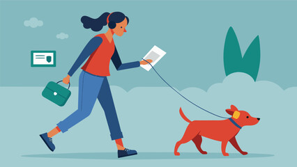 A woman walking her dog listens to the Sensationalist News Hotline through her headphones shaking her head at the sensationalized headlines about a.